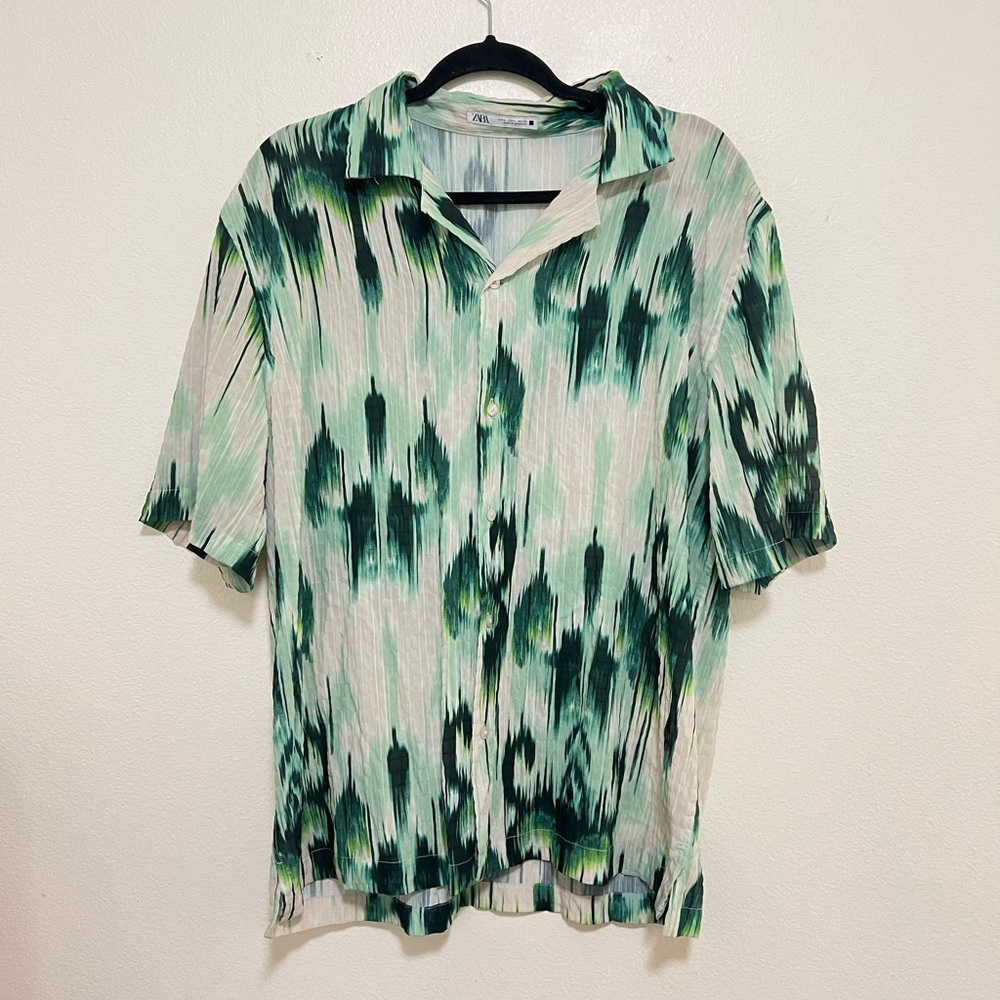 Zara Green and White Patterned Men's Shirt